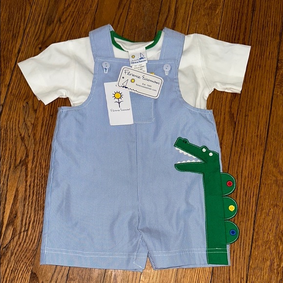 NWT Florence Eiseman shortall tshirt 2 piece set seersucker alligator white 9m
